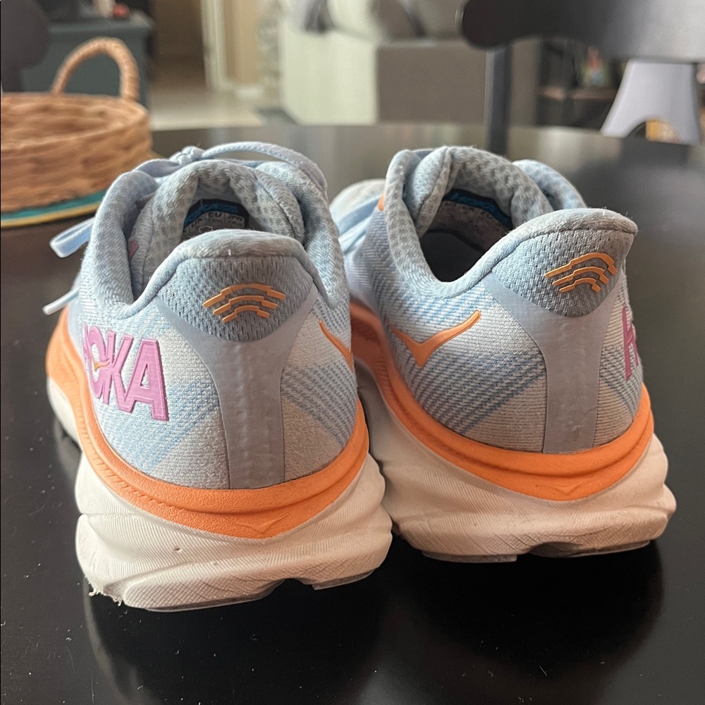 Hoka Women’s Clifton 9 Running Shoes - Light Blue, Orange & Pink Accents - Picture 11 of 12
